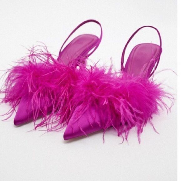 ZARA FEATHERED FABRIC HEELS FUCHSIA - Picture 3 of 4